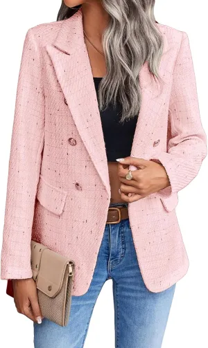 2025 Women's Spring Tweed Blazer Jacket Plaid Fully-Lined Fashion Business Casual Lapel Elegant Coat with Pockets