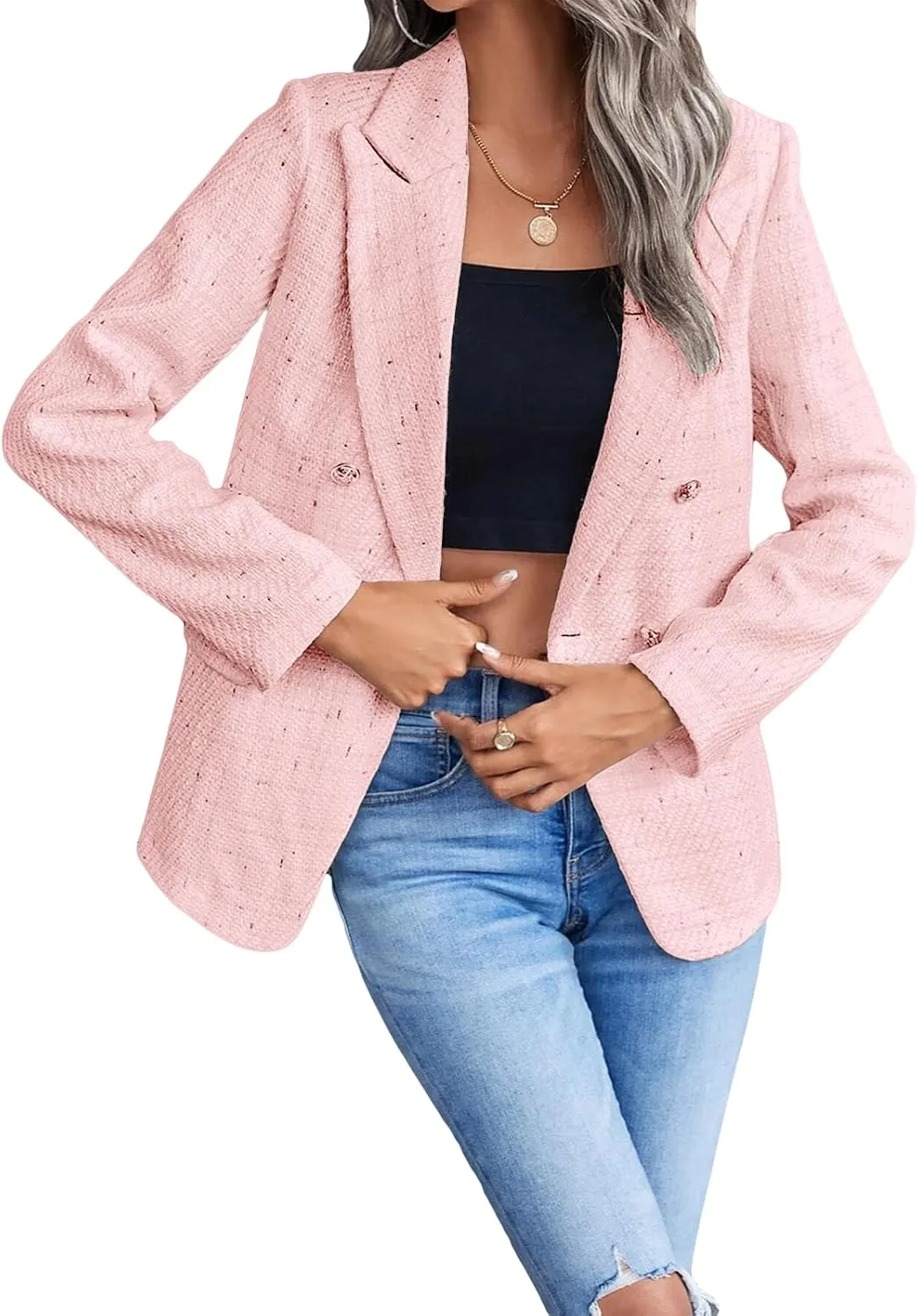2025 Women's Spring Tweed Blazer Jacket Plaid Fully-Lined Fashion Business Casual Lapel Elegant Coat with Pockets