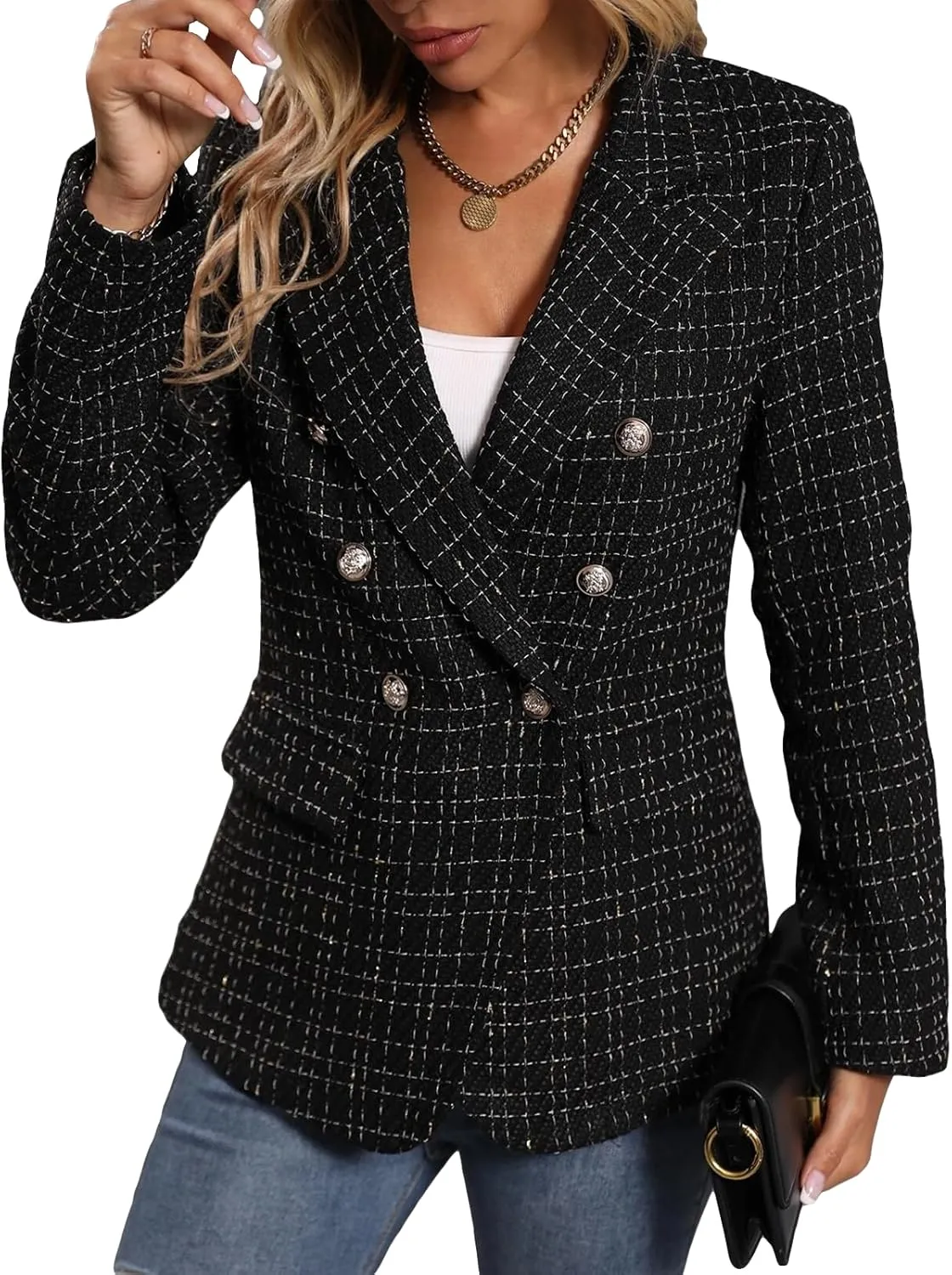 2025 Women's Spring Tweed Blazer Jacket Plaid Fully-Lined Fashion Business Casual Lapel Elegant Coat with Pockets