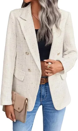 2025 Women's Spring Tweed Blazer Jacket Plaid Fully-Lined Fashion Business Casual Lapel Elegant Coat with Pockets