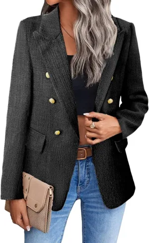 2025 Women's Spring Tweed Blazer Jacket Plaid Fully-Lined Fashion Business Casual Lapel Elegant Coat with Pockets