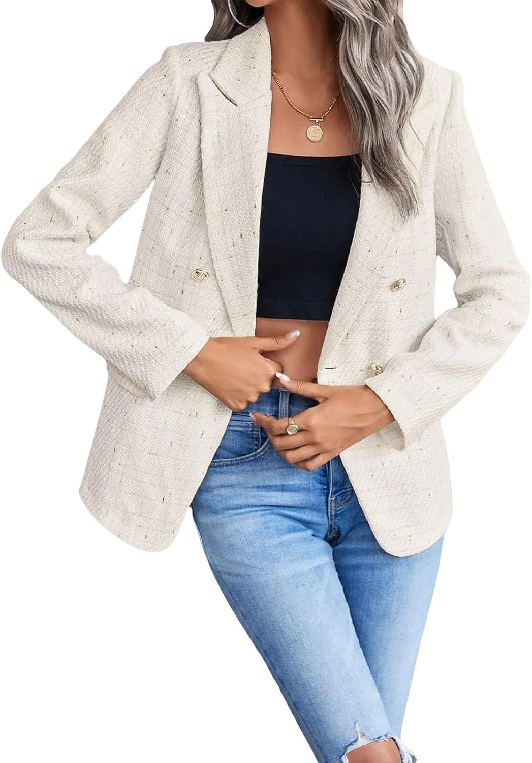2025 Women's Spring Tweed Blazer Jacket Plaid Fully-Lined Fashion Business Casual Lapel Elegant Coat with Pockets
