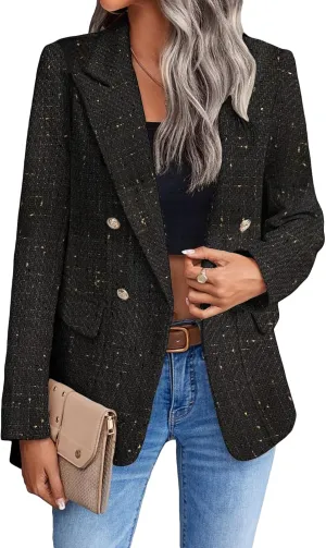 2025 Women's Spring Tweed Blazer Jacket Plaid Fully-Lined Fashion Business Casual Lapel Elegant Coat with Pockets