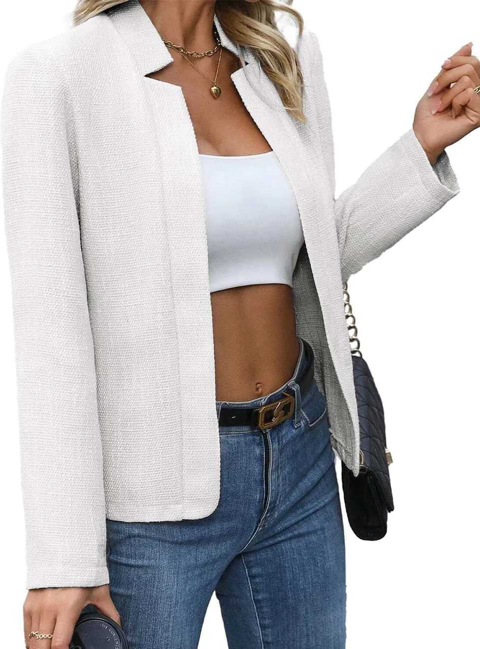 2025 Women's Tweed Blazer Lightweight Plaid Open-Front Stand-Collar Fully-Lined Casual Fashion Elegant Jacket