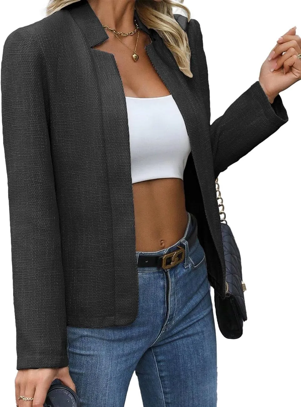 2025 Women's Tweed Blazer Lightweight Plaid Open-Front Stand-Collar Fully-Lined Casual Fashion Elegant Jacket