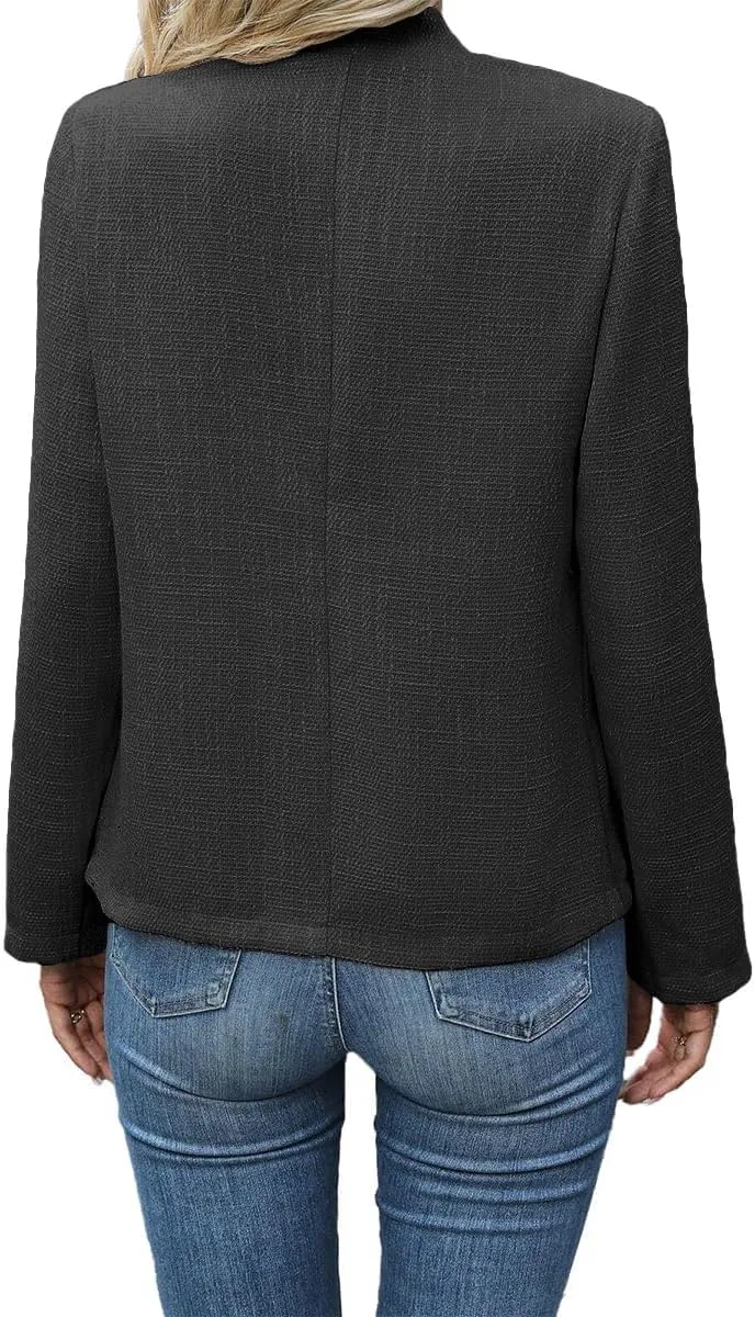 2025 Women's Tweed Blazer Lightweight Plaid Open-Front Stand-Collar Fully-Lined Casual Fashion Elegant Jacket