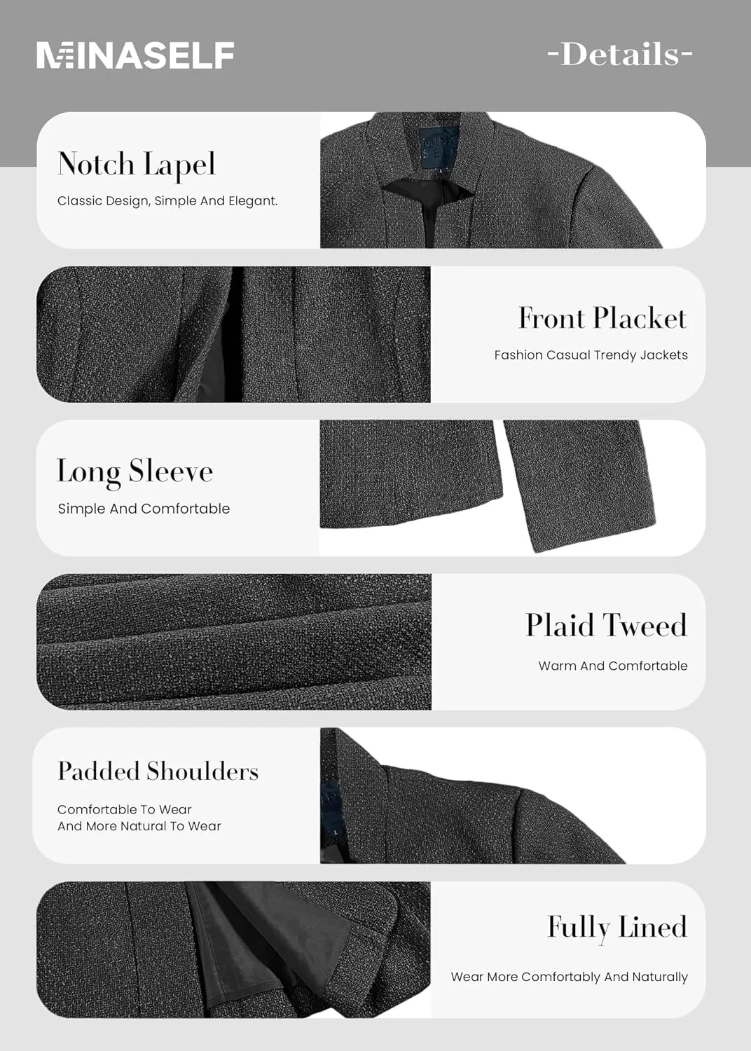 2025 Women's Tweed Blazer Lightweight Plaid Open-Front Stand-Collar Fully-Lined Casual Fashion Elegant Jacket