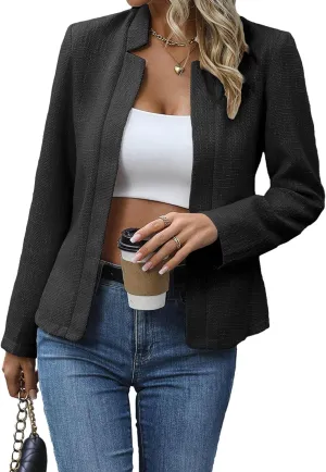 2025 Women's Tweed Blazer Lightweight Plaid Open-Front Stand-Collar Fully-Lined Casual Fashion Elegant Jacket