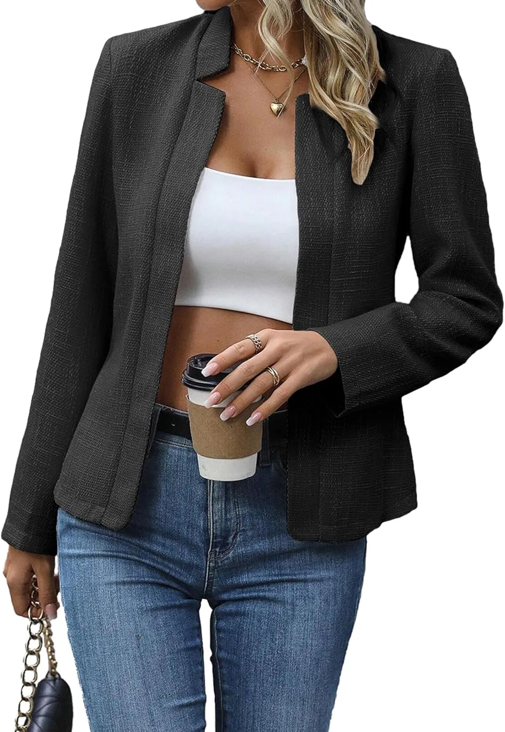 2025 Women's Tweed Blazer Lightweight Plaid Open-Front Stand-Collar Fully-Lined Casual Fashion Elegant Jacket
