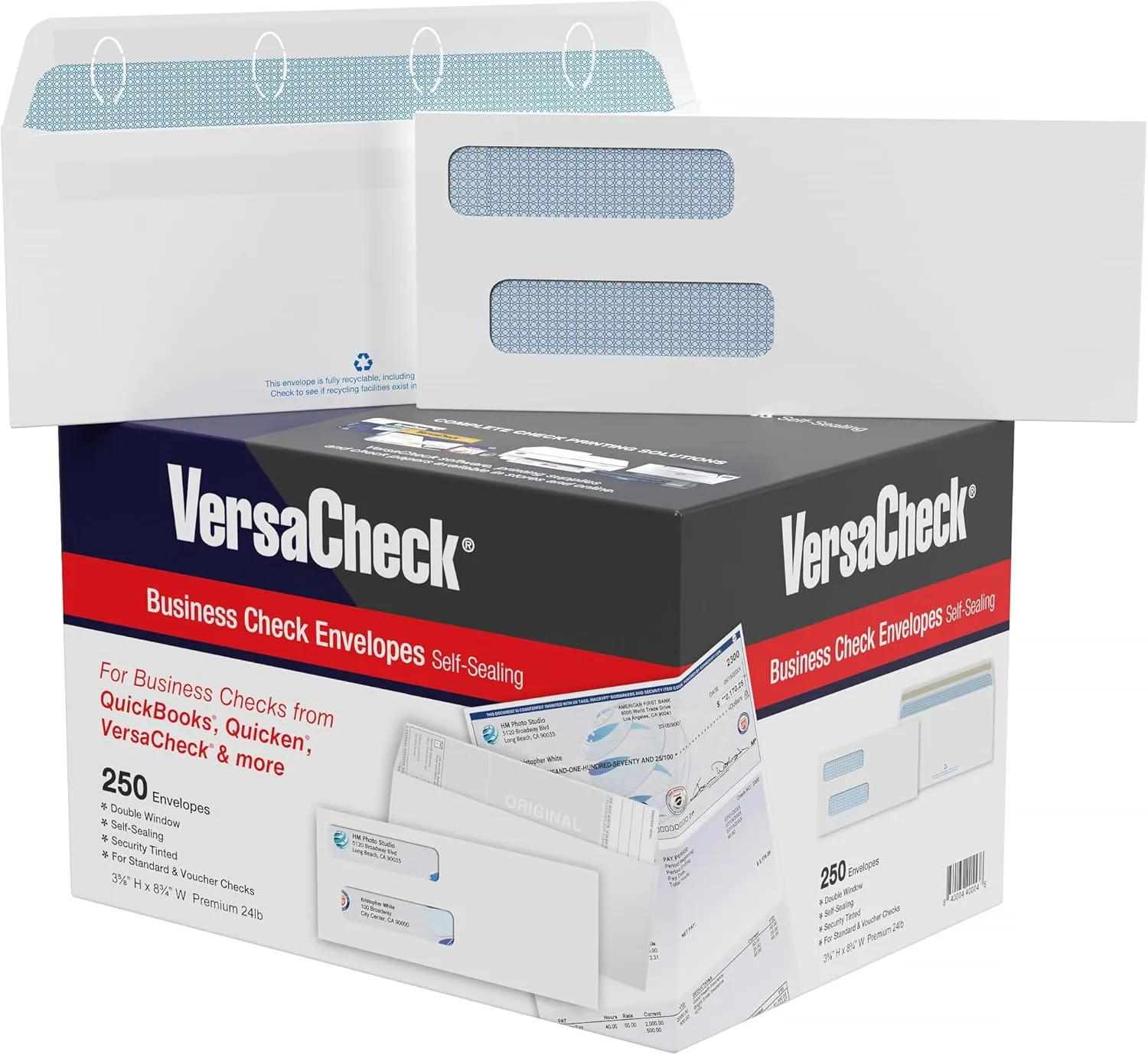 250 VersaCheck NRP Business Self-Sealing Double Window Security Standard and Voucher Check Envelopes - Compatible with business checks made from VersaCheck, QuickBooks, Quicken, Sage, and others.
