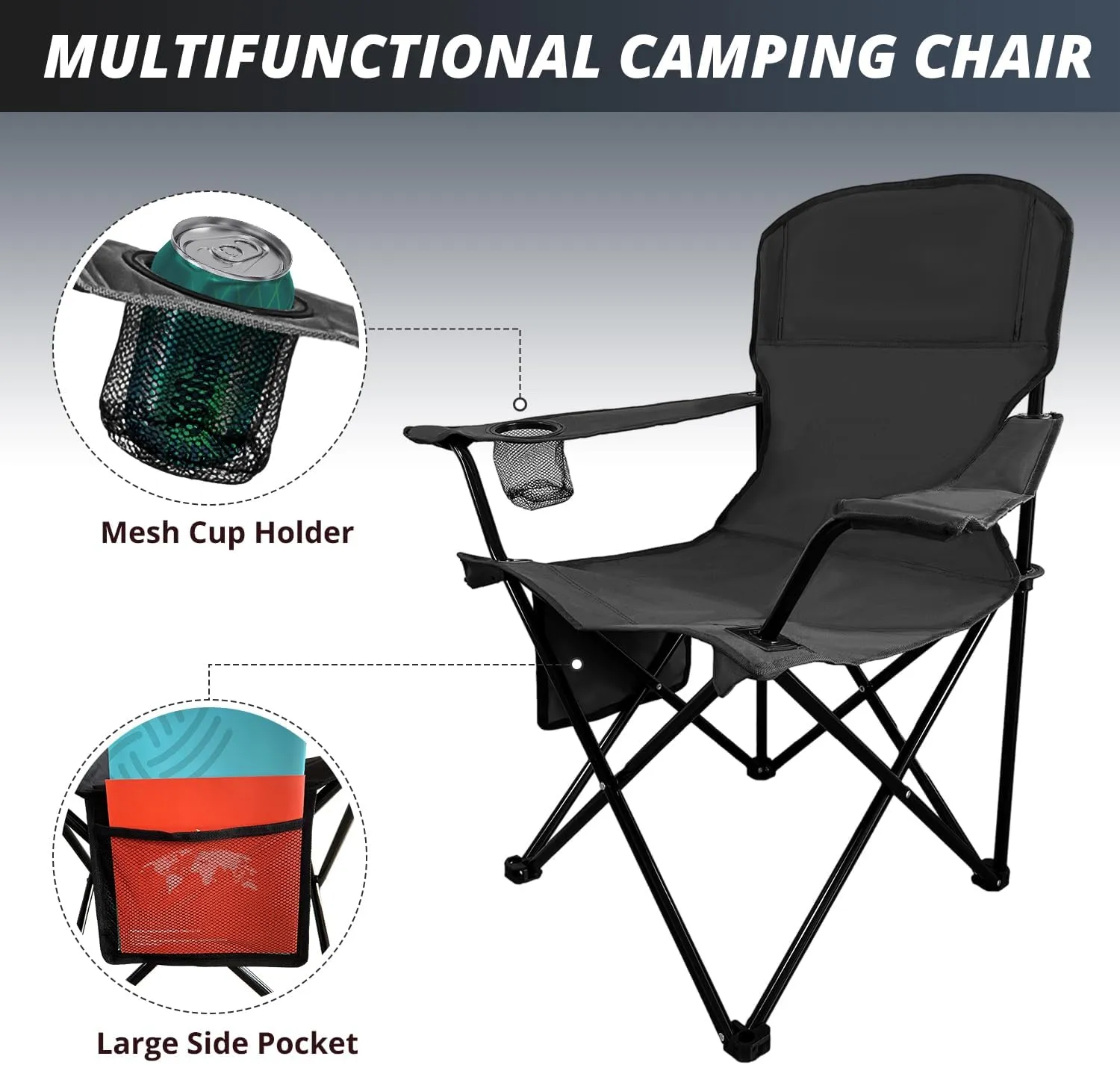 2PCS Folding Outdoor Beach Camp Chair with Cup Holder, Storage Pocket, Waterproof Bag Outdoor Arm Chair, Supports 225LBS, Black