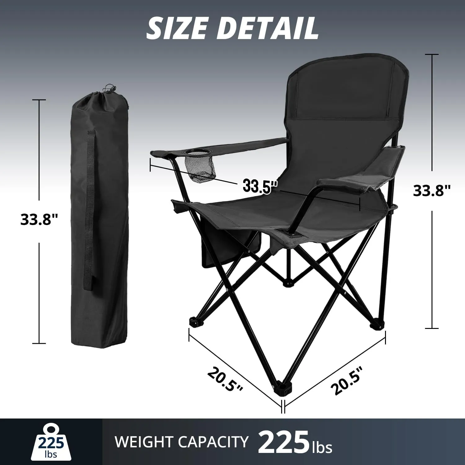 2PCS Folding Outdoor Beach Camp Chair with Cup Holder, Storage Pocket, Waterproof Bag Outdoor Arm Chair, Supports 225LBS, Black