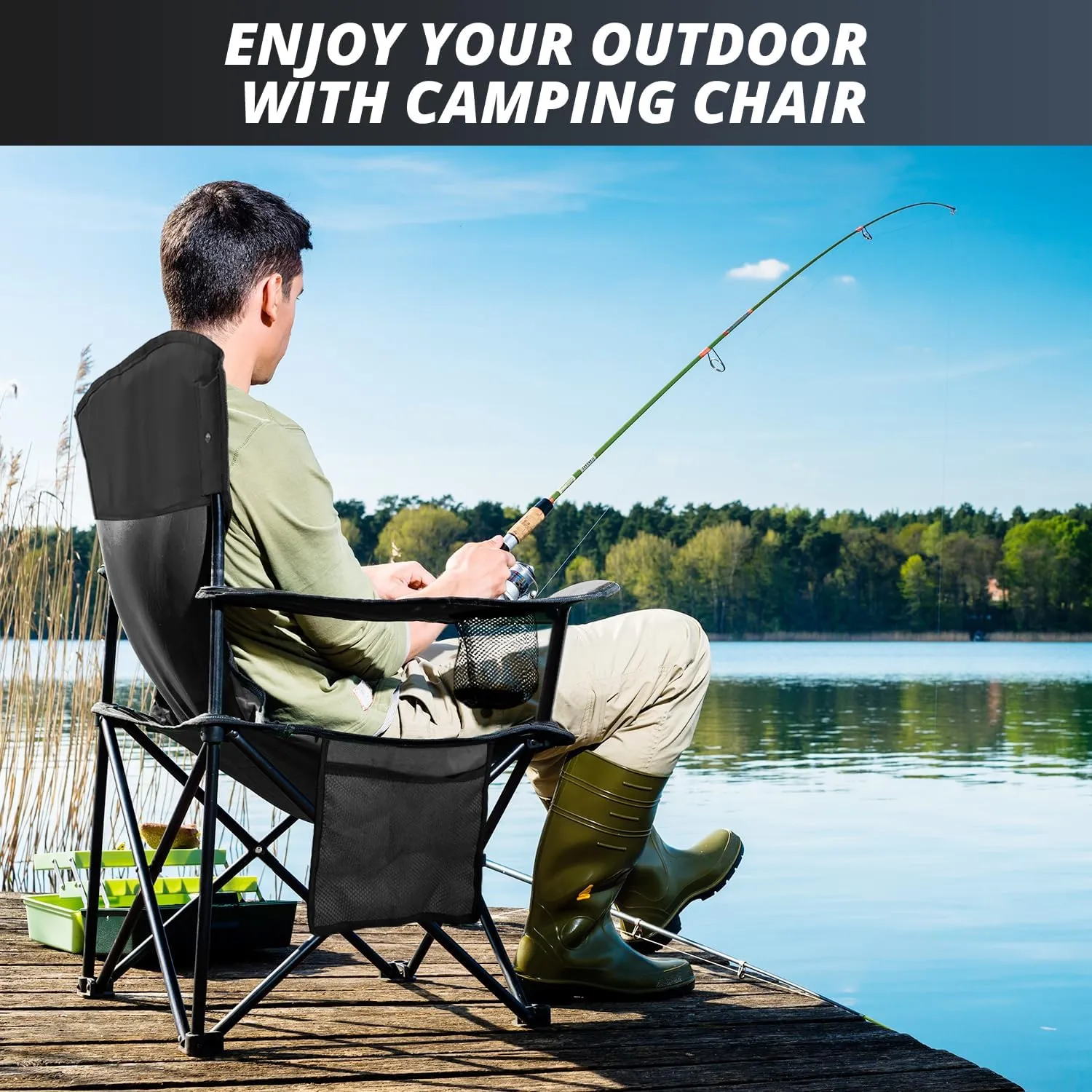2PCS Folding Outdoor Beach Camp Chair with Cup Holder, Storage Pocket, Waterproof Bag Outdoor Arm Chair, Supports 225LBS, Black