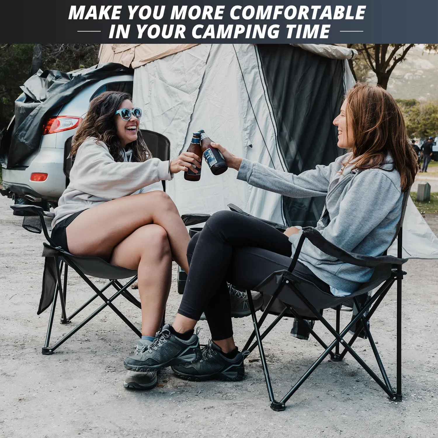 2PCS Folding Outdoor Beach Camp Chair with Cup Holder, Storage Pocket, Waterproof Bag Outdoor Arm Chair, Supports 225LBS, Black