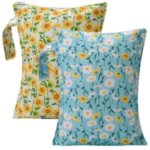 2PCS Waterproof Wet Bags for Baby Cloth Diaper,Reusable Travel Bags,Pump Parts,Beach,Pool,Gym Bag for Swimsuits&Wet Cloth Leak-proof Lightweight-Sunflower