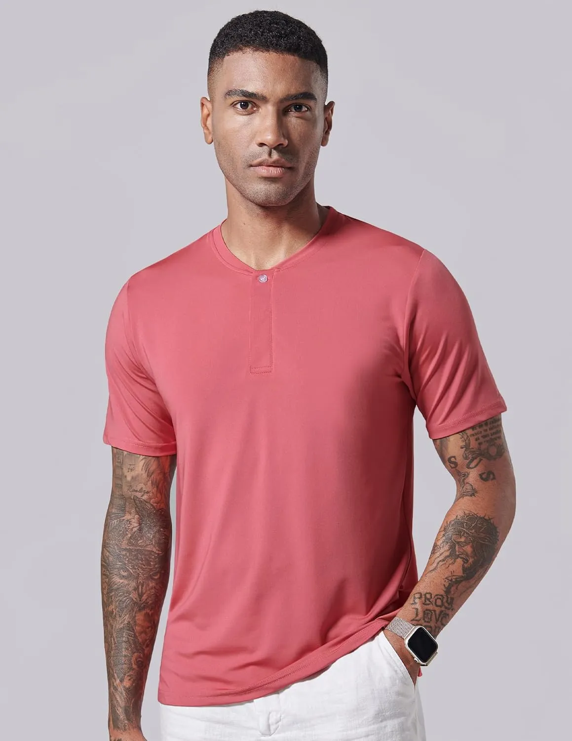 3 Pack: Mens Polo Shirts, Business Casual Golf Henley Work Shirts for Men, Collarless Short Sleeve Stylish Athletic Tshirts