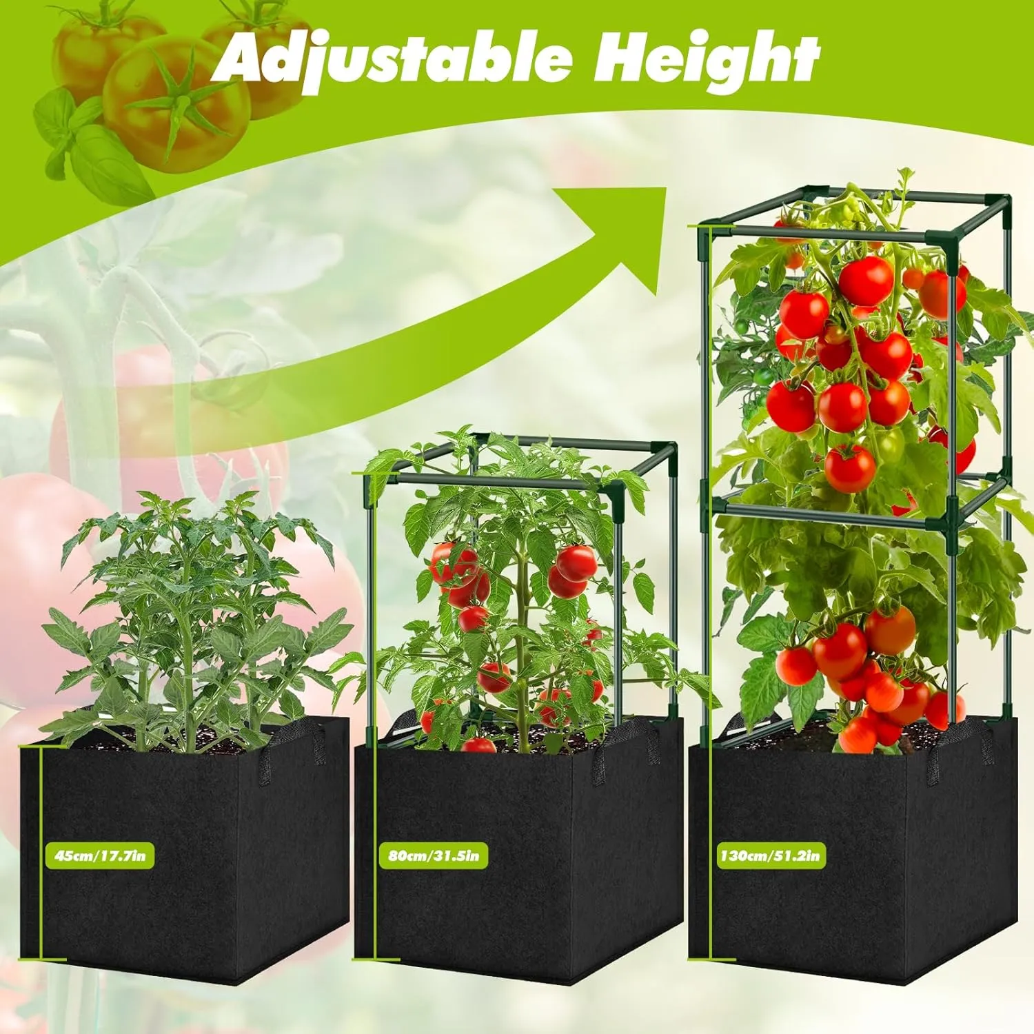 3 Pack Tomato Cages 51 Inch for Garden with 24 Gallon Square Grow Bags Planter Pots with Heavy Duty Trellis Plant Stakes Support Frames for Vertical Climbing Cucumber Vegetables Flowers