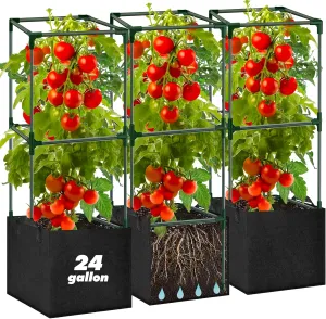 3 Pack Tomato Cages 51 Inch for Garden with 24 Gallon Square Grow Bags Planter Pots with Heavy Duty Trellis Plant Stakes Support Frames for Vertical Climbing Cucumber Vegetables Flowers