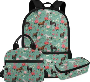3 Piece Horse Backpack with Lunch Box for 3rd Grade Girls Ages 8-9 Spacious School Bag Grade 3 Lightweight Bookbag and Lunch Bag Combo Ergonomic