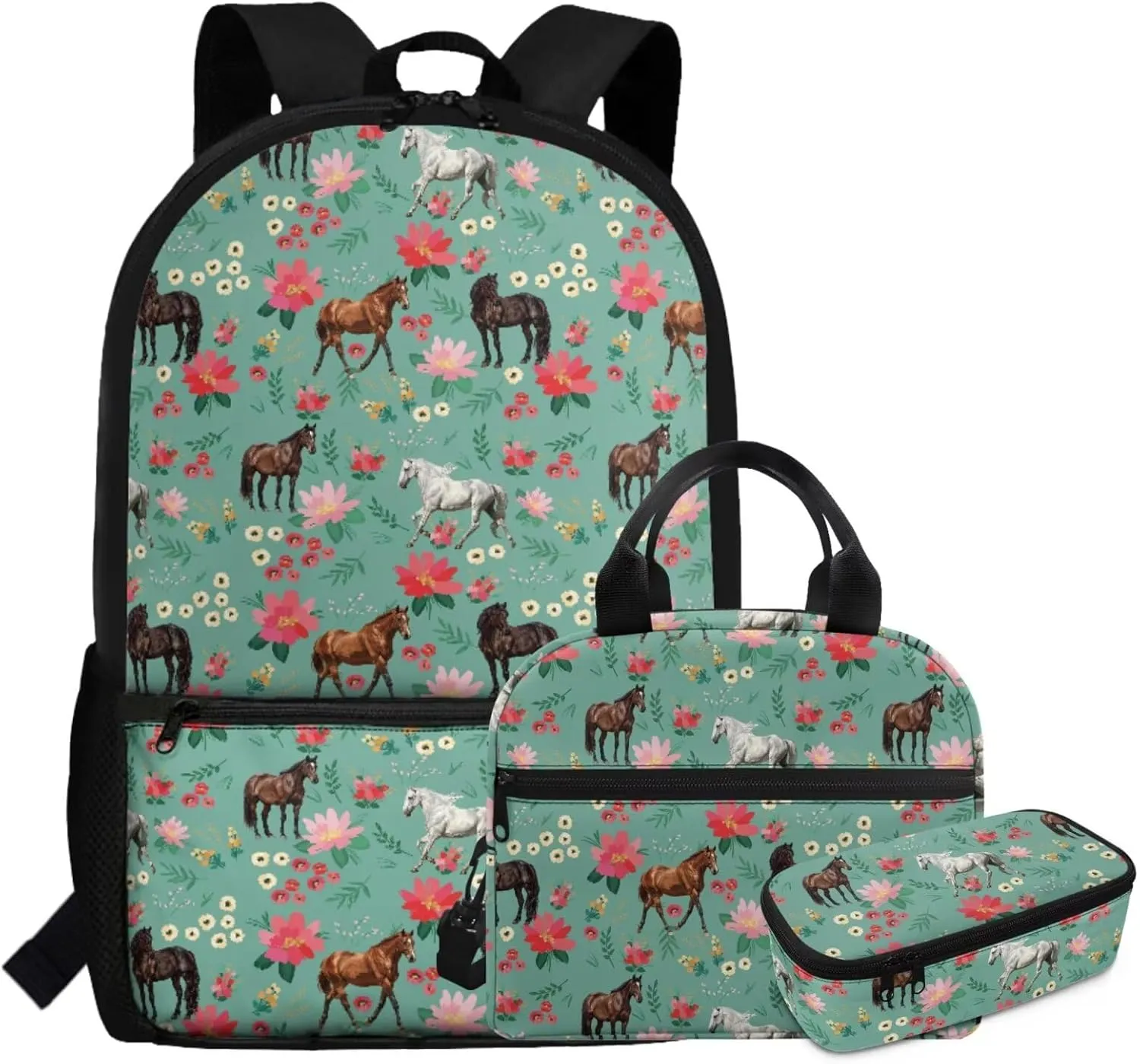 3 Piece Horse Backpack with Lunch Box for 3rd Grade Girls Ages 8-9 Spacious School Bag Grade 3 Lightweight Bookbag and Lunch Bag Combo Ergonomic