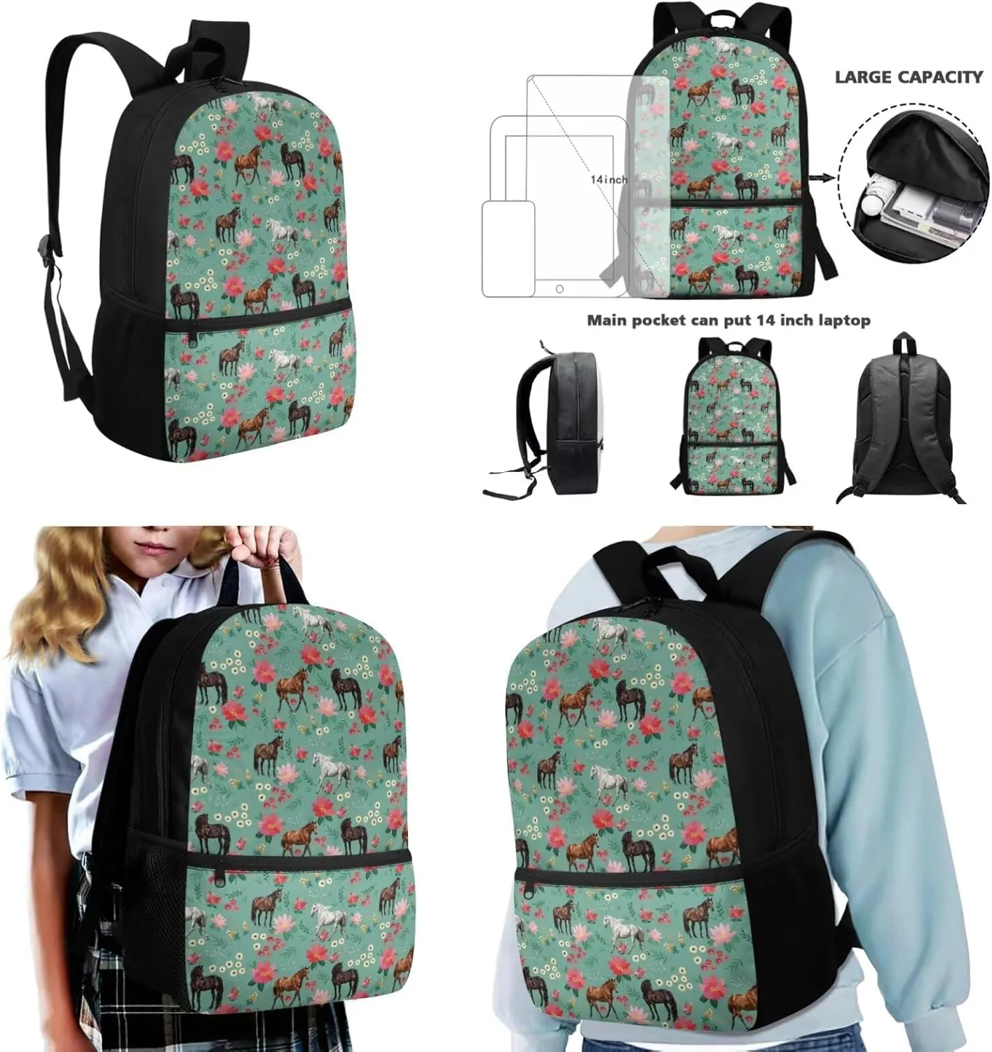 3 Piece Horse Backpack with Lunch Box for 3rd Grade Girls Ages 8-9 Spacious School Bag Grade 3 Lightweight Bookbag and Lunch Bag Combo Ergonomic