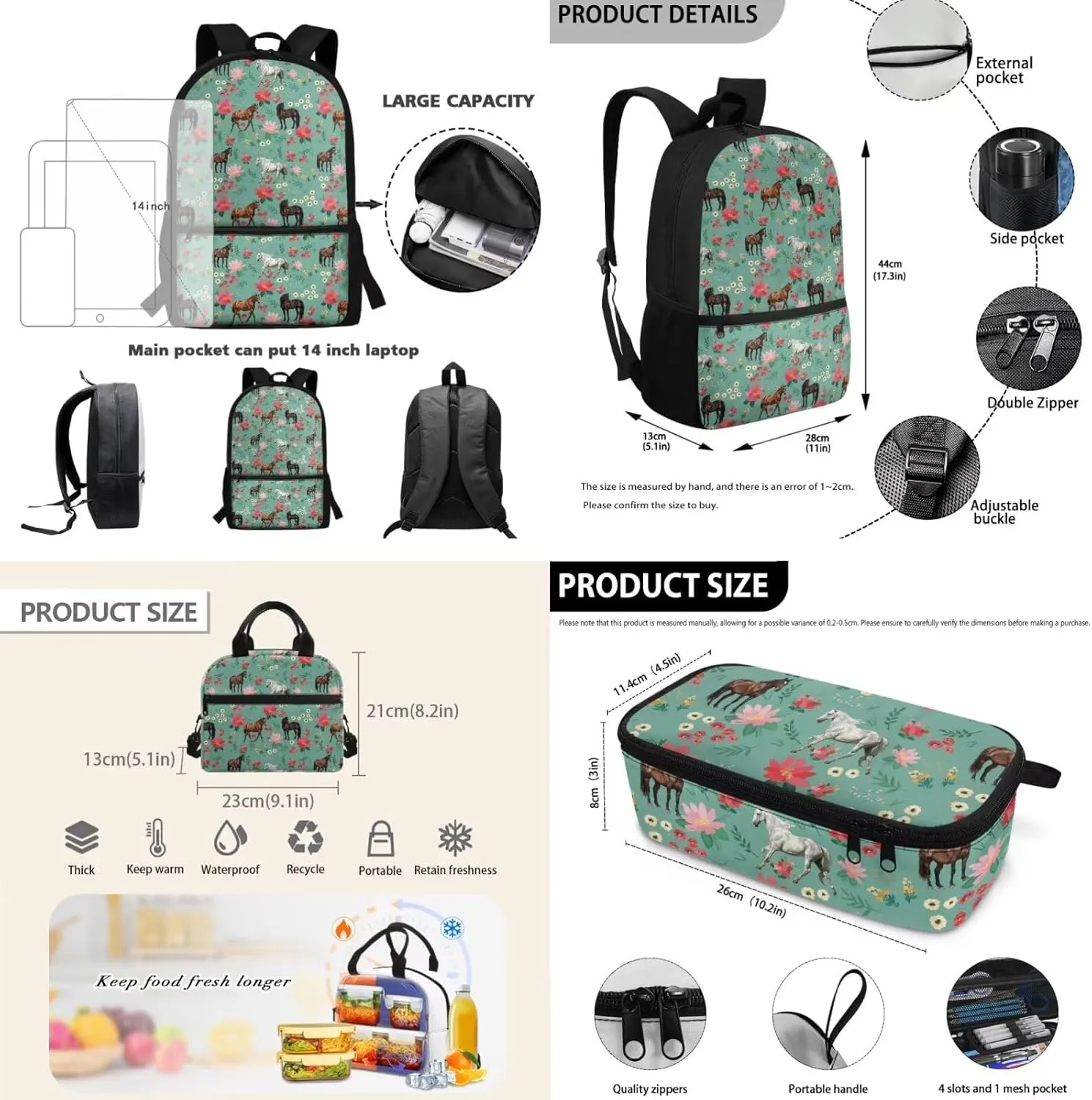 3 Piece Horse Backpack with Lunch Box for 3rd Grade Girls Ages 8-9 Spacious School Bag Grade 3 Lightweight Bookbag and Lunch Bag Combo Ergonomic