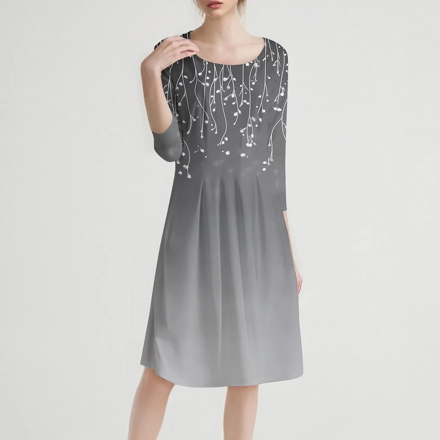 3/4 Sleeve Ladies Fashion Summer Dress Floral Print Round Neck Casual Beach Sundress Midi Dresses with Pockets