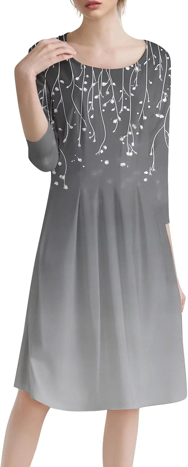 3/4 Sleeve Ladies Fashion Summer Dress Floral Print Round Neck Casual Beach Sundress Midi Dresses with Pockets