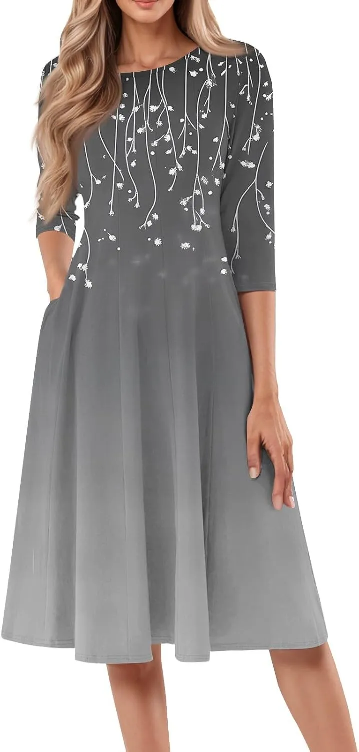 3/4 Sleeve Ladies Fashion Summer Dress Floral Print Round Neck Casual Beach Sundress Midi Dresses with Pockets