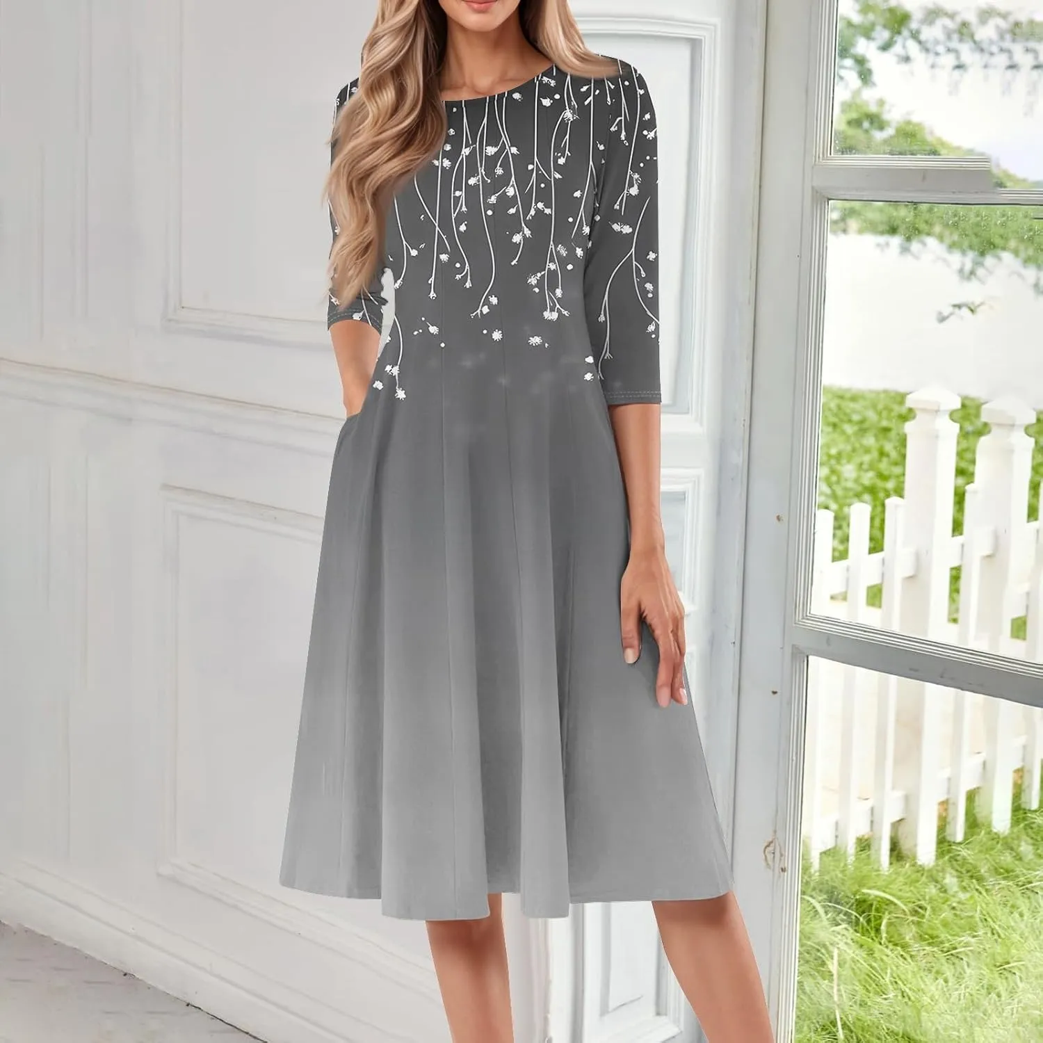 3/4 Sleeve Ladies Fashion Summer Dress Floral Print Round Neck Casual Beach Sundress Midi Dresses with Pockets