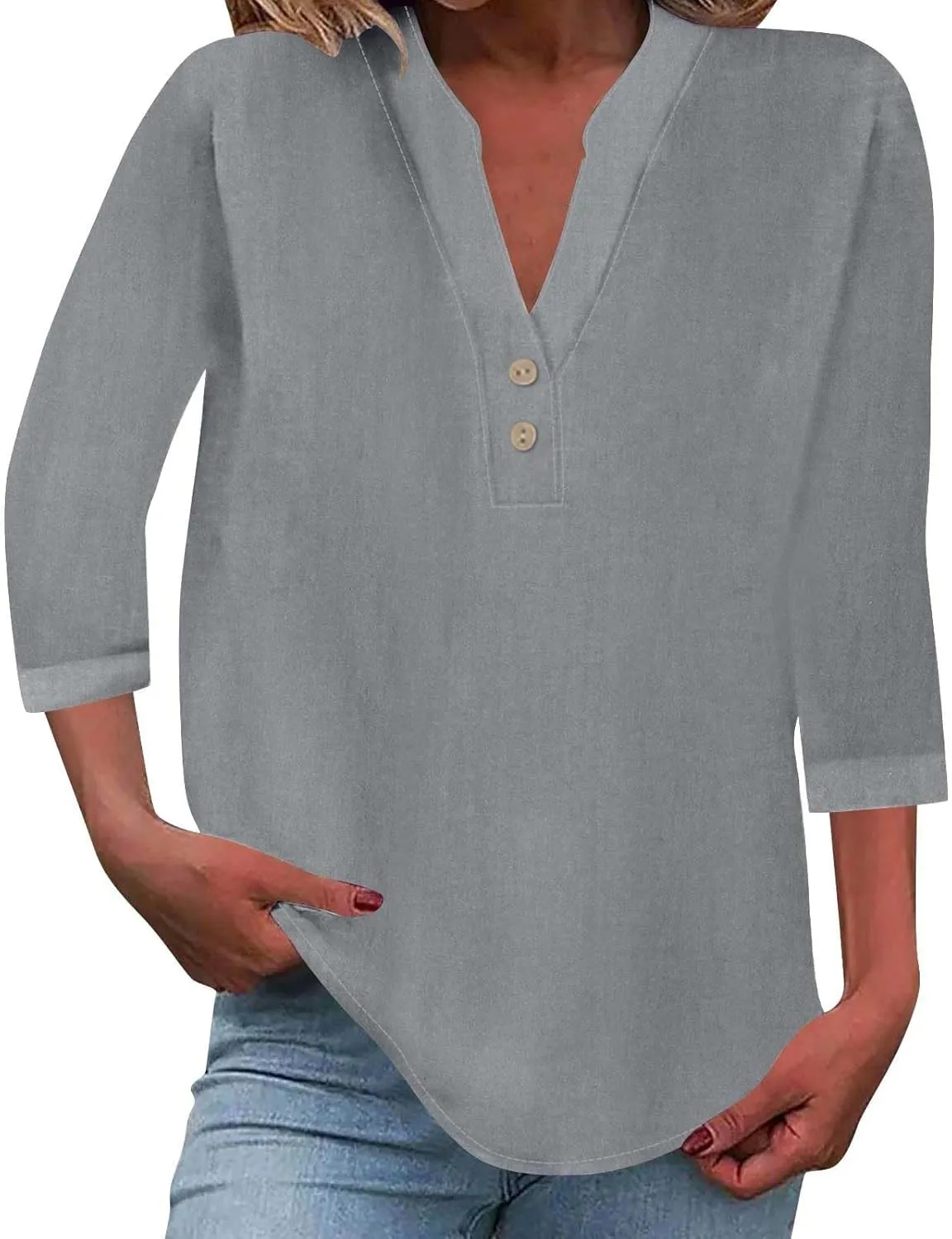 3/4 Sleeve Linen Tops for Women 2025 Button Down V Neck Loose Fit Henley Shirts Cute Solid Summer Beach Tees Shirt