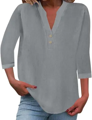 3/4 Sleeve Linen Tops for Women 2025 Button Down V Neck Loose Fit Henley Shirts Cute Solid Summer Beach Tees Shirt