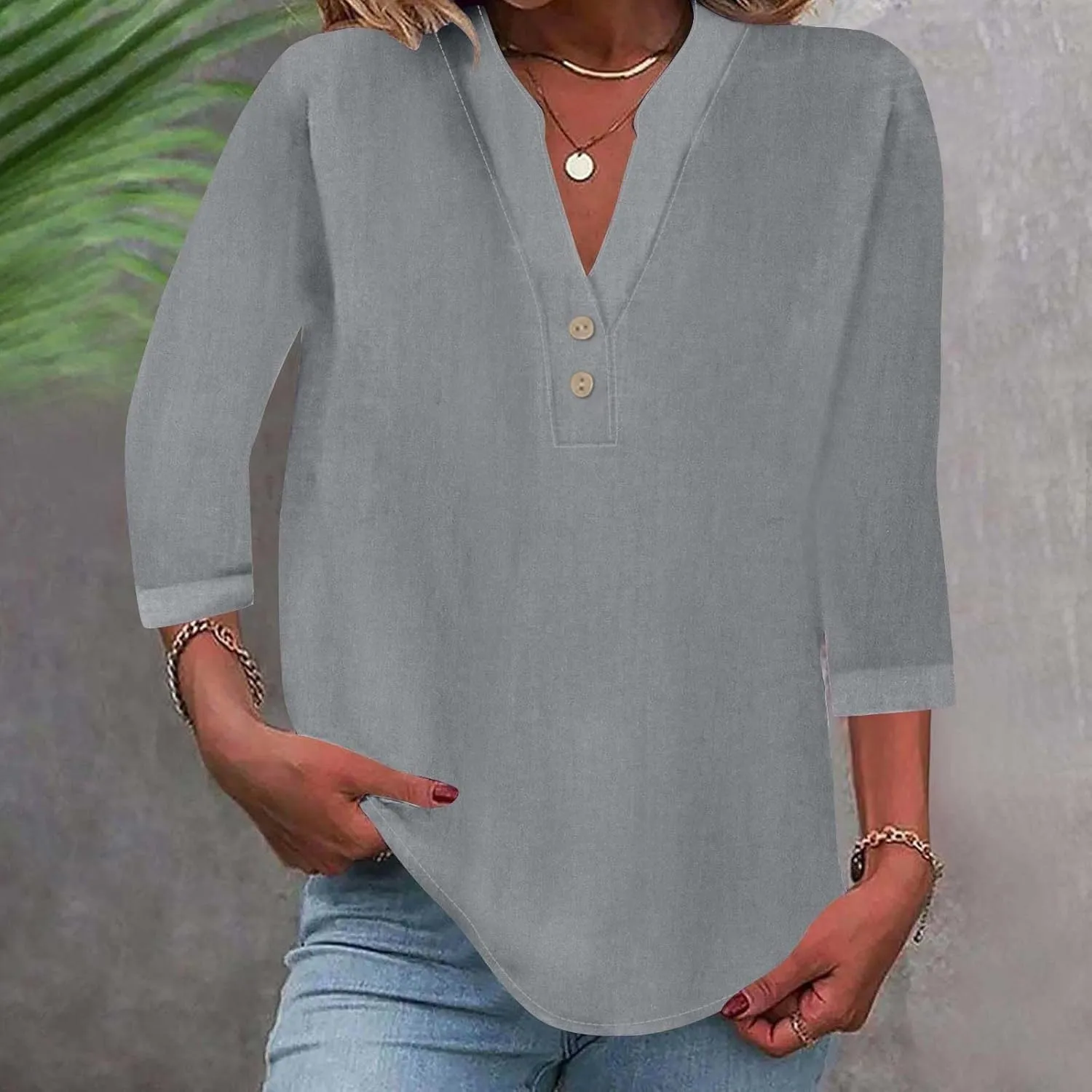 3/4 Sleeve Linen Tops for Women 2025 Button Down V Neck Loose Fit Henley Shirts Cute Solid Summer Beach Tees Shirt