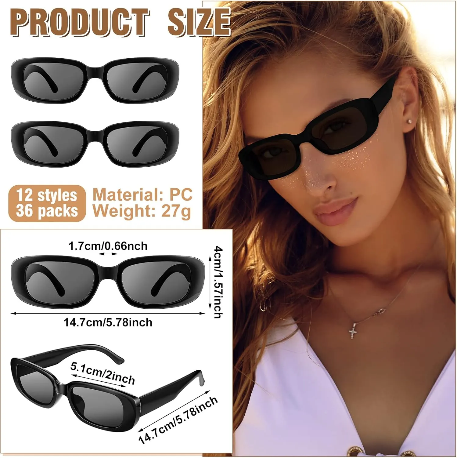 36 Pcs Womens Rectangle Sunglasses Retro Trendy Glasses Vintage Sunglasses Driving Sunglass 90s Eyewear for Girl Men