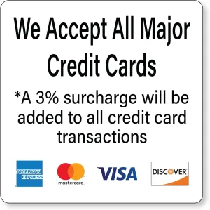3pk Credit Card Payment Stickers w/ 3% Surcharge Notice, Visa MasterCard Amex Discover Logos, Adhesive Back, Laminated, 6"x 6", Business Payment Sticker