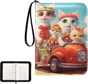 4 Pockets Trading Card Album Holder Book Folder Sports Card Binder Cat Beach Driving 400 Double Side Pockets for 3 Ring Binder Zipper