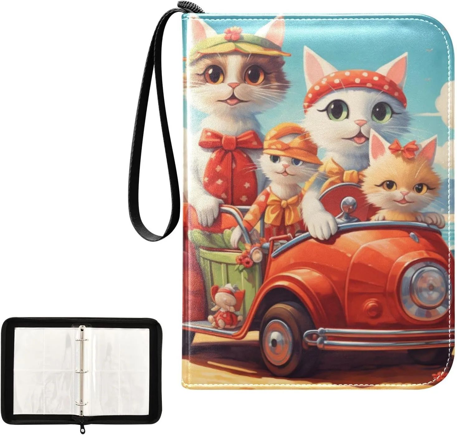 4 Pockets Trading Card Album Holder Book Folder Sports Card Binder Cat Beach Driving 400 Double Side Pockets for 3 Ring Binder Zipper
