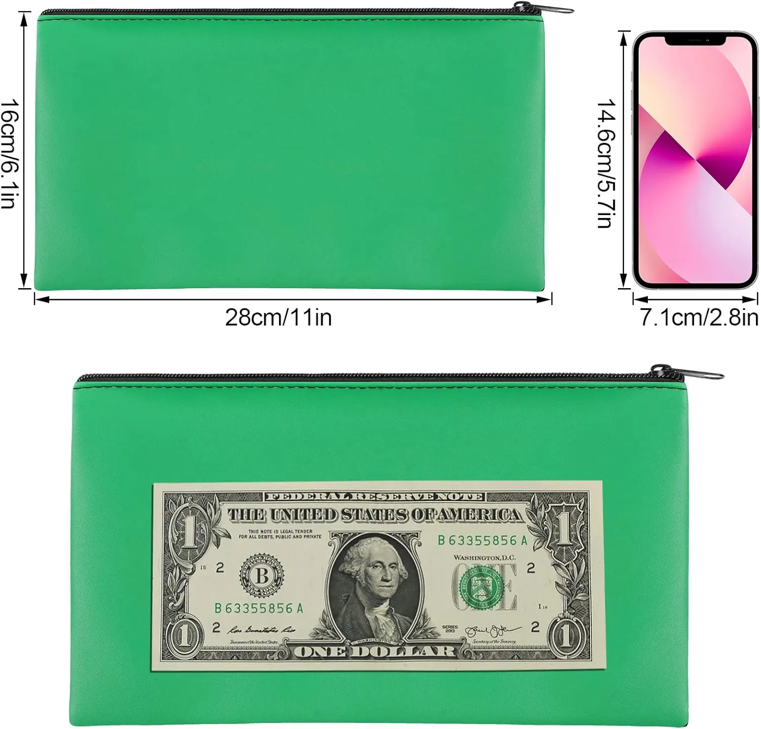 4Pack Money Bag 11 X 6", Safe Durable Waterproof Bags With Zipper for Cash, Coin Pouch PU Leather Bank Bag for Checks, Makeup, Bills, Receipts, Tool Storage (Green)