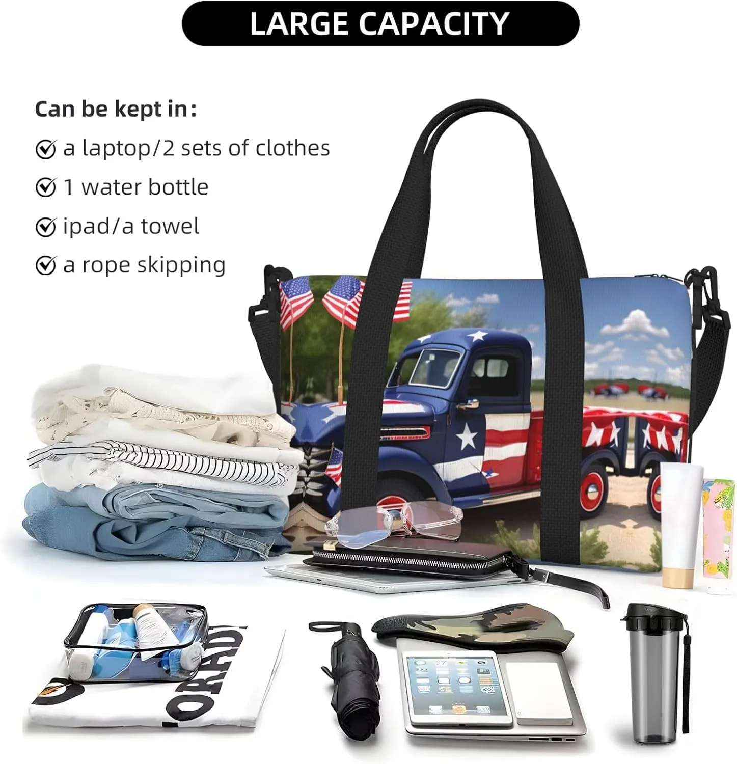 4th Of July Patriotic Trucks Small Duffel Bag Foldable Travel Bag Weekender Bag Overnight Gym Hospital Bags For Women&Men