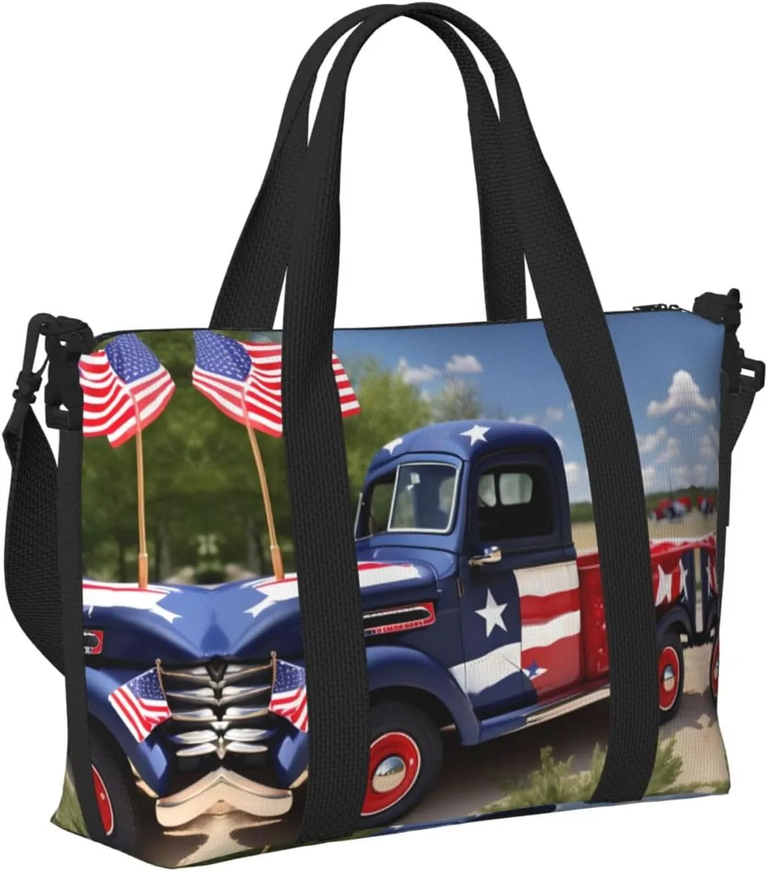 4th Of July Patriotic Trucks Small Duffel Bag Foldable Travel Bag Weekender Bag Overnight Gym Hospital Bags For Women&Men