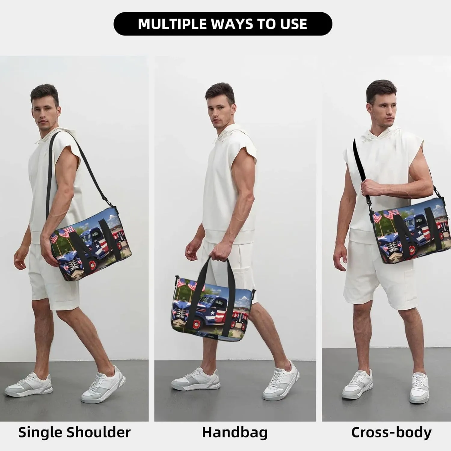 4th Of July Patriotic Trucks Small Duffel Bag Foldable Travel Bag Weekender Bag Overnight Gym Hospital Bags For Women&Men