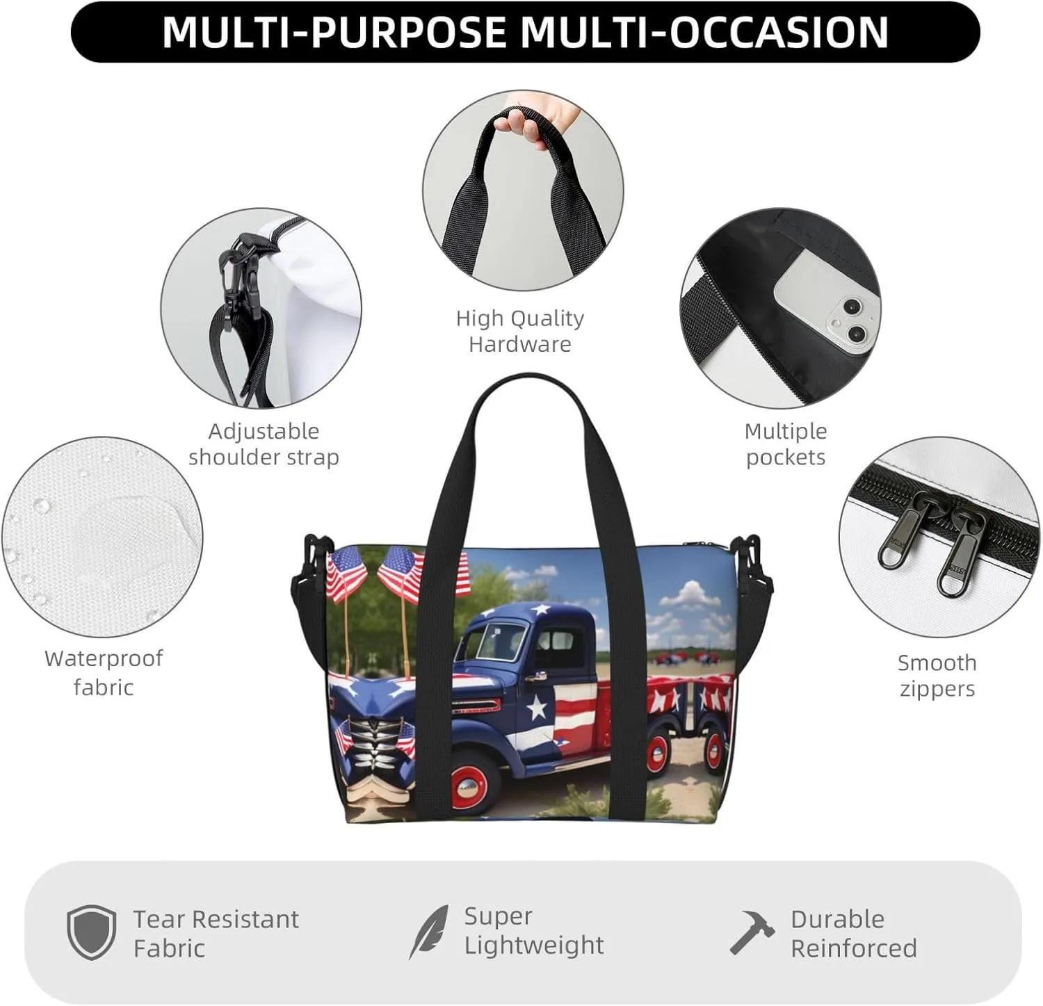 4th Of July Patriotic Trucks Small Duffel Bag Foldable Travel Bag Weekender Bag Overnight Gym Hospital Bags For Women&Men