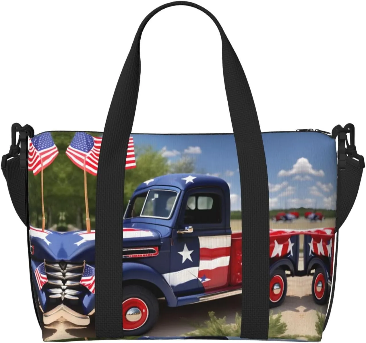 4th Of July Patriotic Trucks Small Duffel Bag Foldable Travel Bag Weekender Bag Overnight Gym Hospital Bags For Women&Men