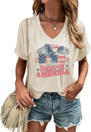 4th of July Patriotic V Neck Shirt for Women Funny American Flag Graphic Tee Summer Short Sleeve T-Shirt Blouse