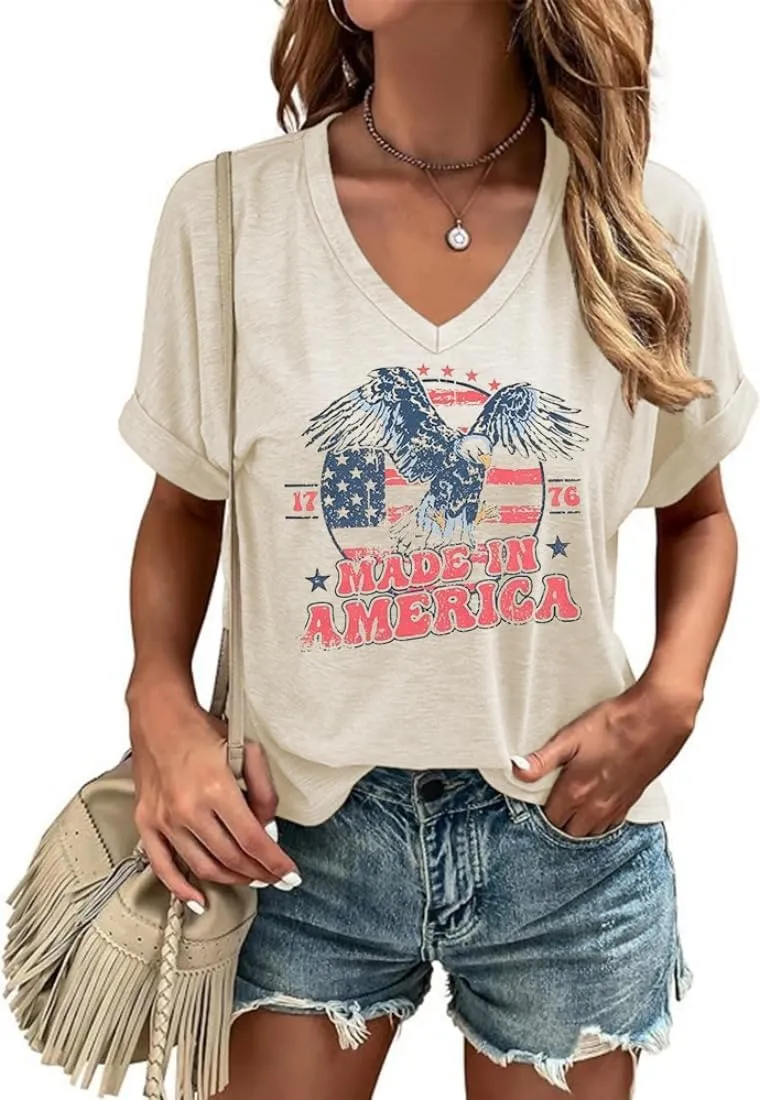 4th of July Patriotic V Neck Shirt for Women Funny American Flag Graphic Tee Summer Short Sleeve T-Shirt Blouse