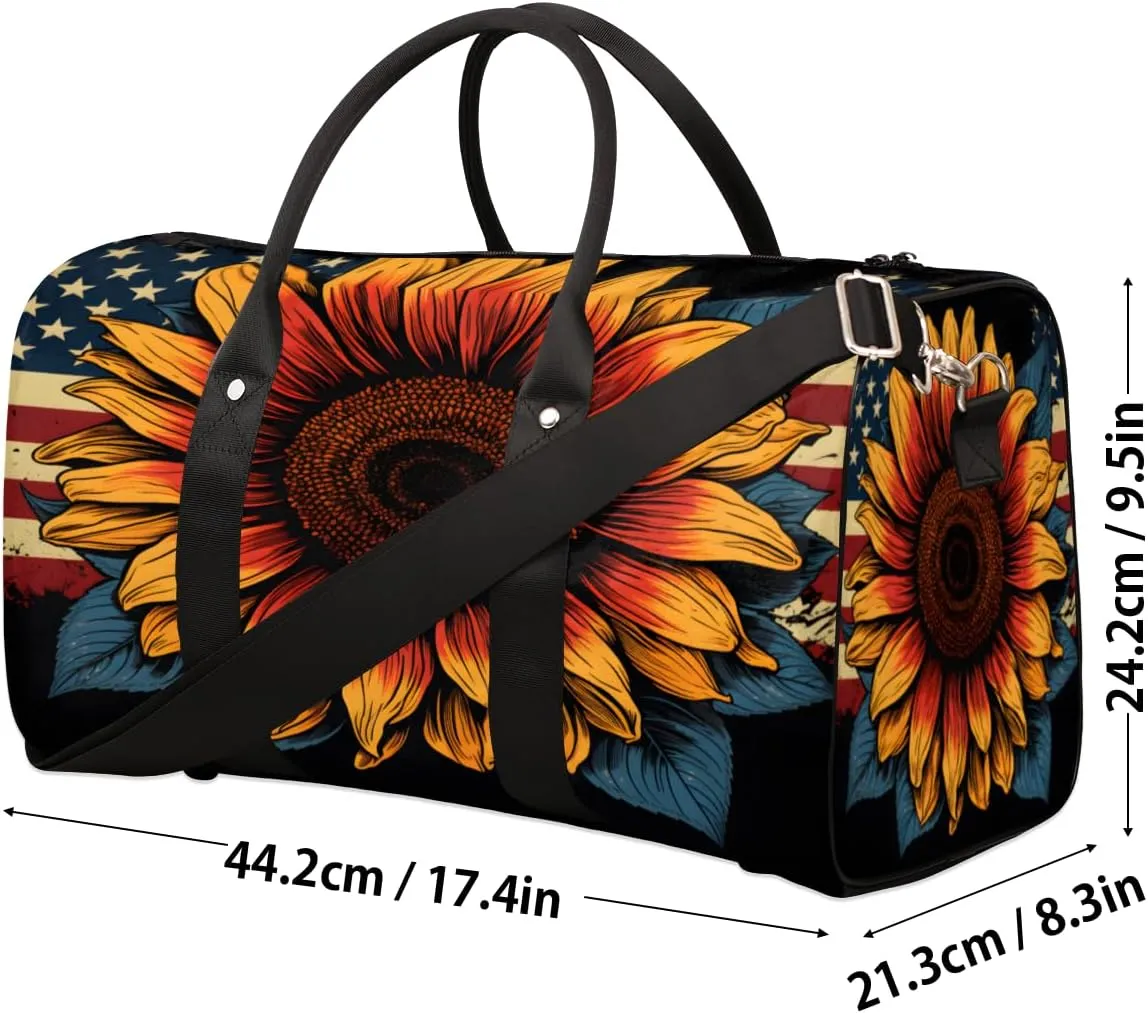 4th of July Travel Duffle Bag, Sports Gym Bags for Women Men, Carry On Weekender Overnight Bag, Memorial Day Sunflower Workout Hospital Airplane Trips Bag