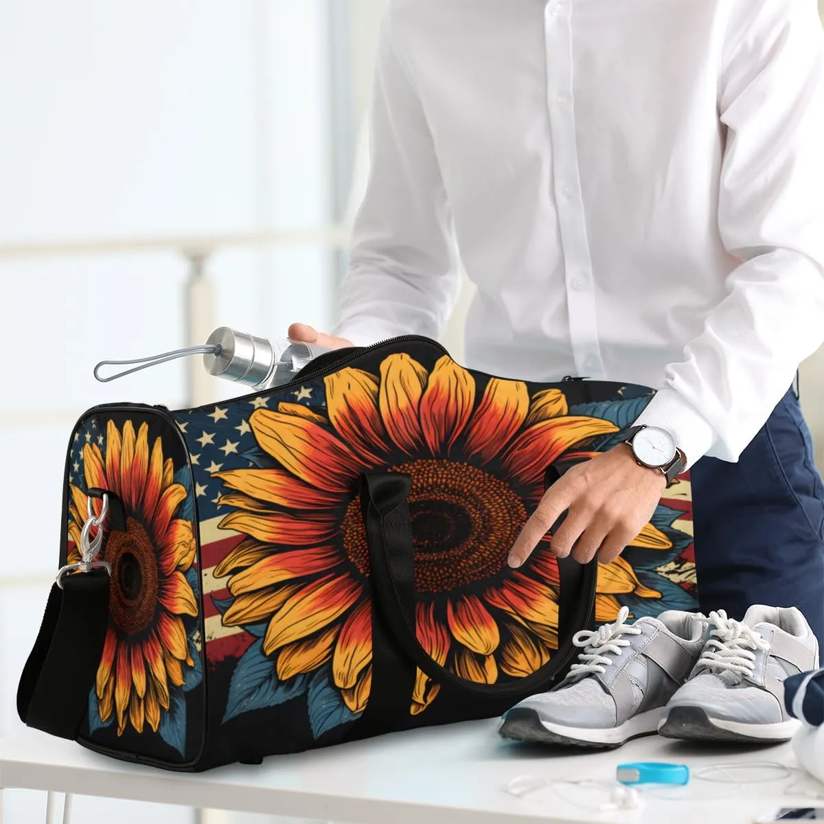 4th of July Travel Duffle Bag, Sports Gym Bags for Women Men, Carry On Weekender Overnight Bag, Memorial Day Sunflower Workout Hospital Airplane Trips Bag