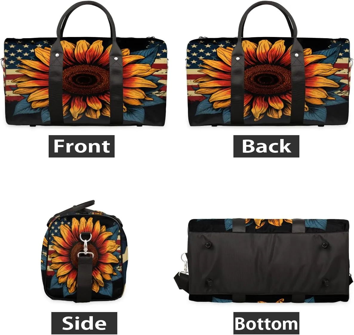 4th of July Travel Duffle Bag, Sports Gym Bags for Women Men, Carry On Weekender Overnight Bag, Memorial Day Sunflower Workout Hospital Airplane Trips Bag