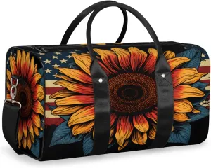 4th of July Travel Duffle Bag, Sports Gym Bags for Women Men, Carry On Weekender Overnight Bag, Memorial Day Sunflower Workout Hospital Airplane Trips Bag