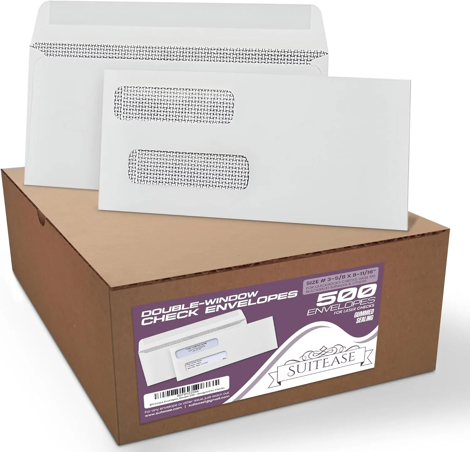 500 No. 8 Check Envelopes - Designed for Quickbooks and other Printed Checks. Security Tinted Double Window Gummed Seal, Size 3 5/8 Inch x 8 11/16 Inch